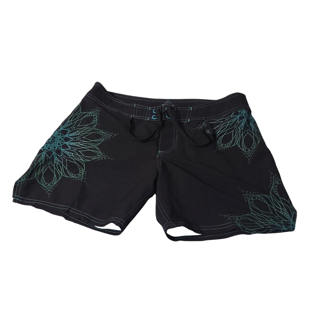 Prana‎ Board Shorts Mens Size S Black Teal Mandala Floral Print Swim Trunks
